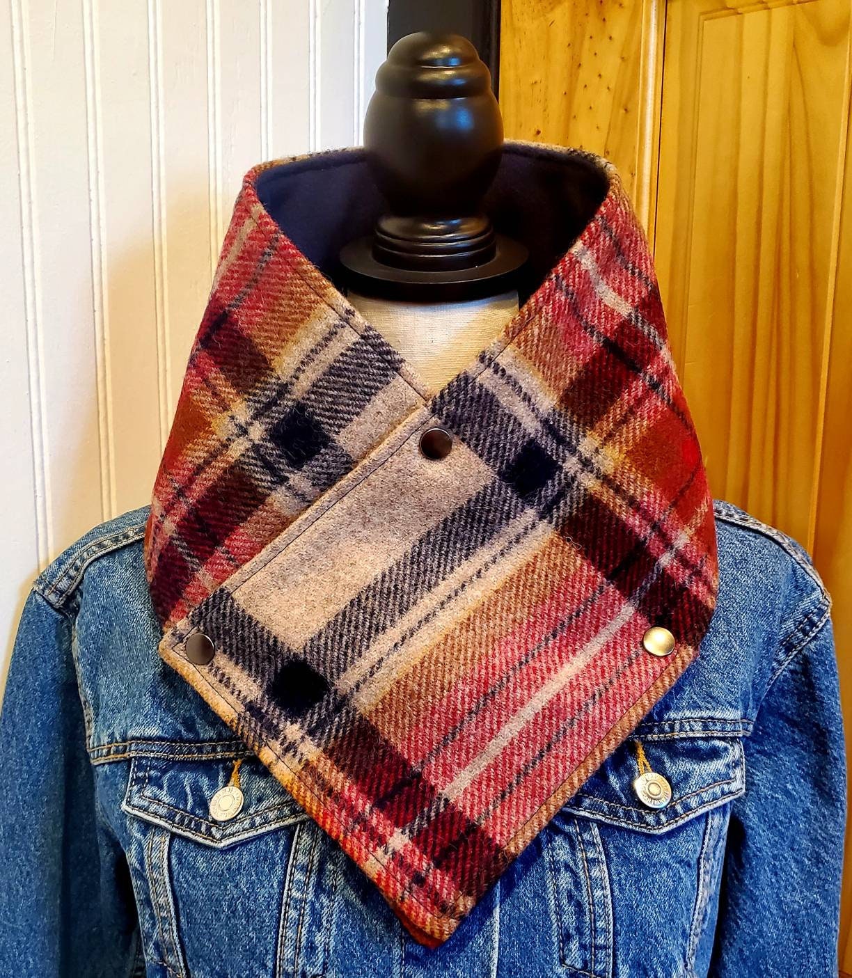 Cozy Wool Cowl, Plaid Tartan Scarf, Equestrian Bandana, Snap Scarf, Handmade Women Scarf, Horse Riding Scarf, Neck Gaiter, Equestrian Cowl