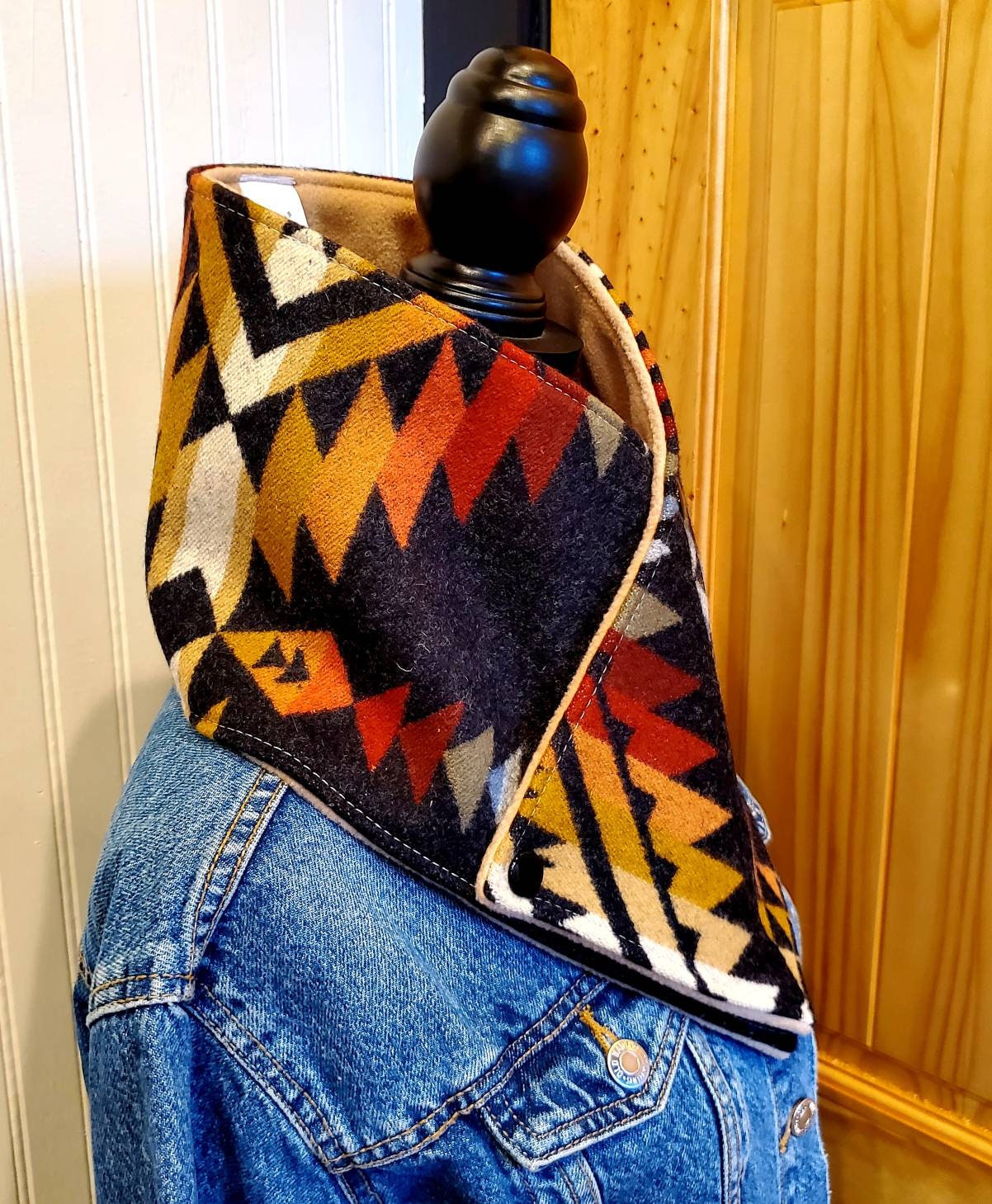 Women's Wool Cowl Scarf, Wool Neck Wrap, Geometric Tribal Scarf, Accessories, Snap Scarf, Gifts Under 100, Handmade Scarf Women, Aztec Cowl