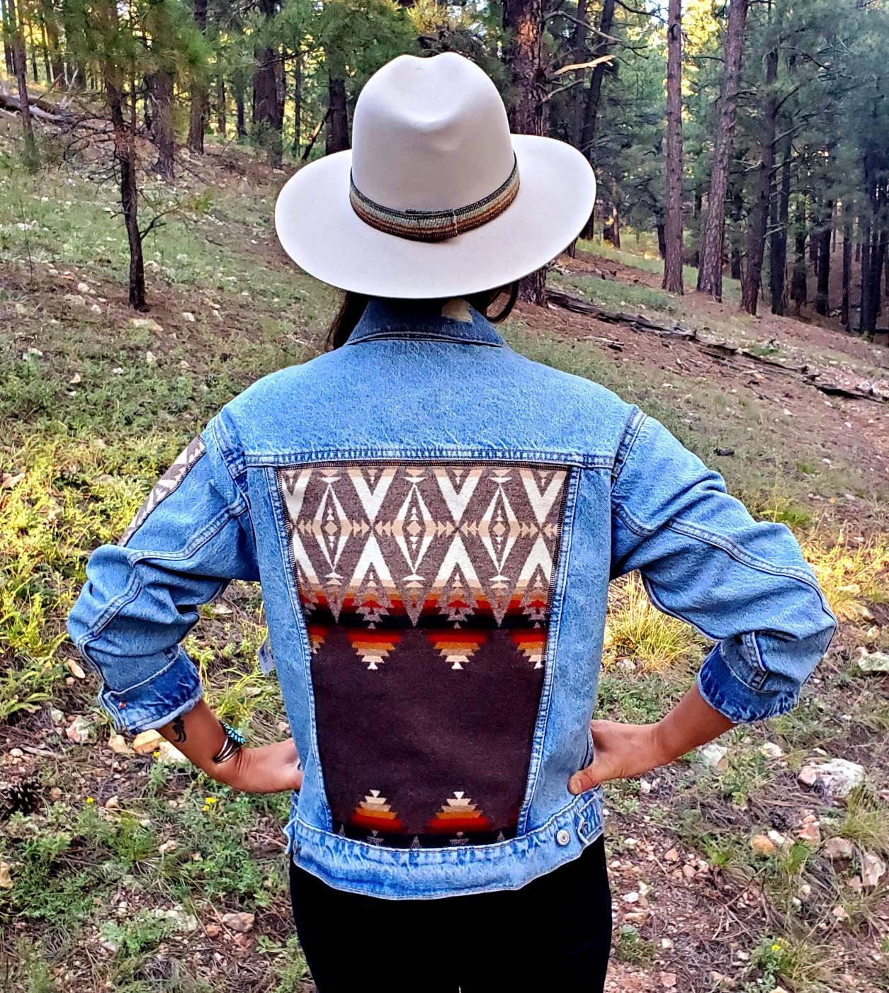 Western Denim Jacket, Upcycled Denim Jacket, Jean Jacket, Rodeo Jacket, Cowgirl Denim, Western Wear, Equestrian Jacket, Aztec Denim Jacket