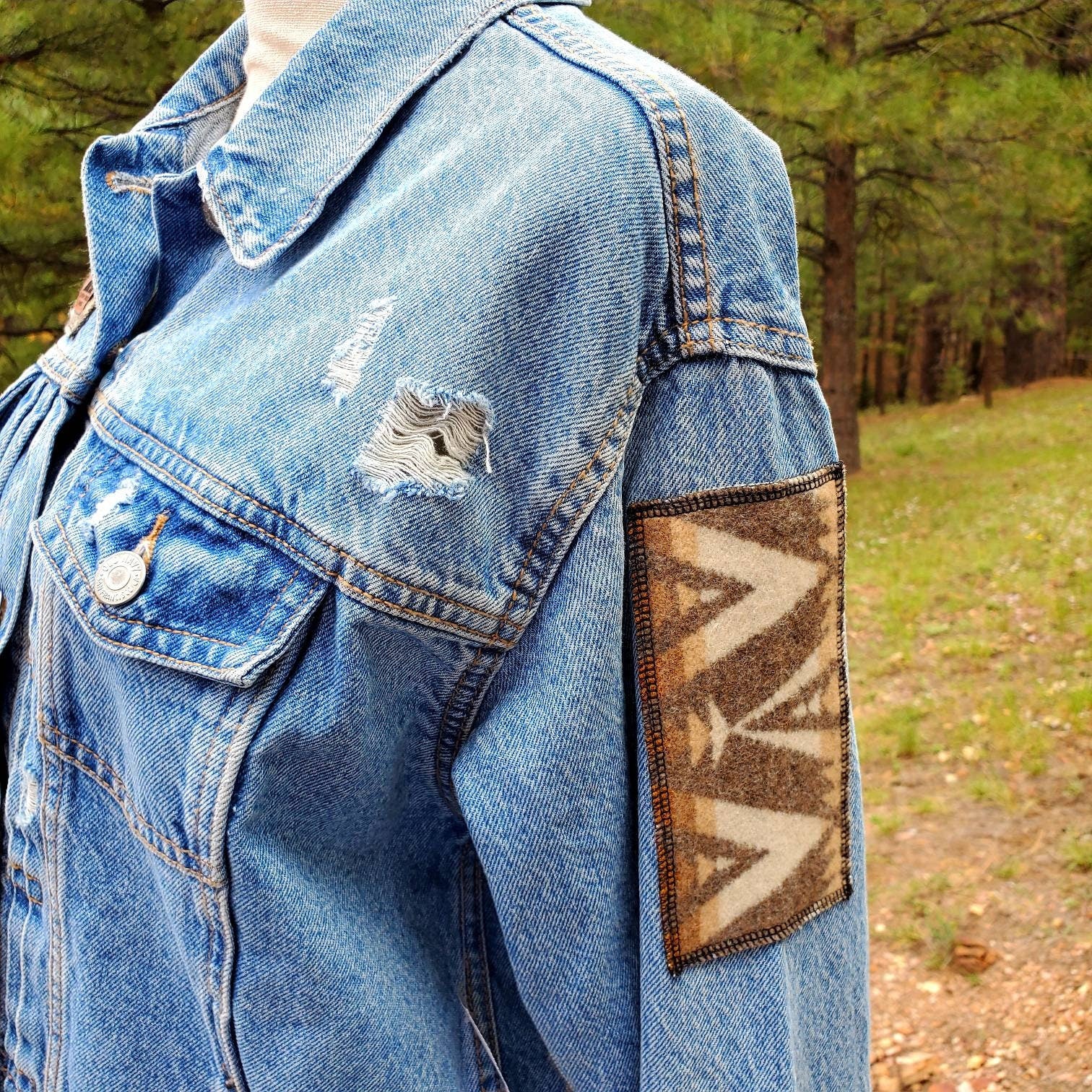 Western Denim Jacket, Upcycled Denim Jacket, Jean Jacket, Rodeo Jacket, Cowgirl Denim, Western Wear, Equestrian Jacket, Aztec Denim Jacket