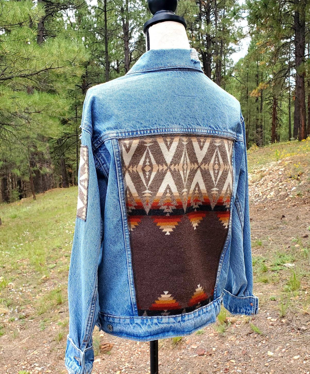 Western Denim Jacket, Upcycled Denim Jacket, Jean Jacket, Rodeo Jacket, Cowgirl Denim, Western Wear, Equestrian Jacket, Aztec Denim Jacket