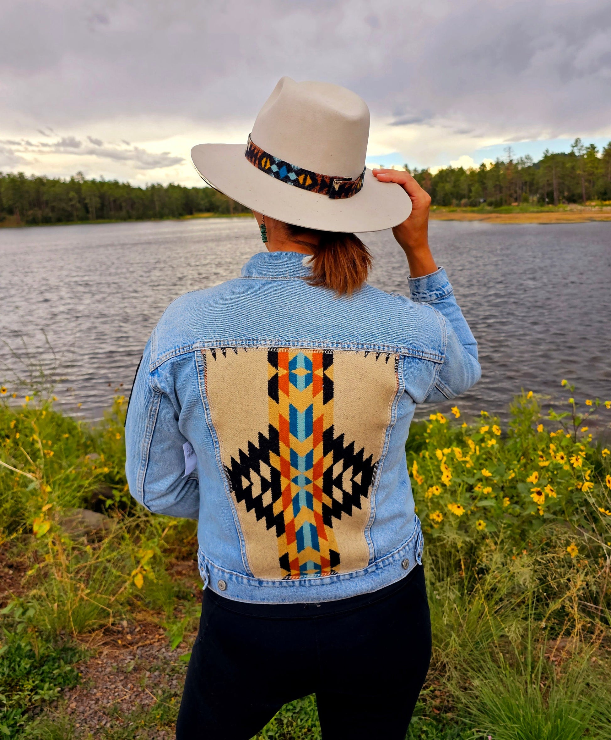 Women's Western Jacket, Upcycled Denim Jacket, Jean Jacket, Cowgirl Jacket, Rodeo Jacket, Southwest Denim Jacket, Aztec Denim Jacket